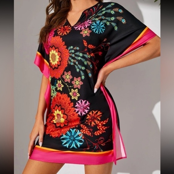 Bohemian Floral Print Notched Neck Batwing Sleeve Midi Tunic Coverup Dress - Picture 3 of 8